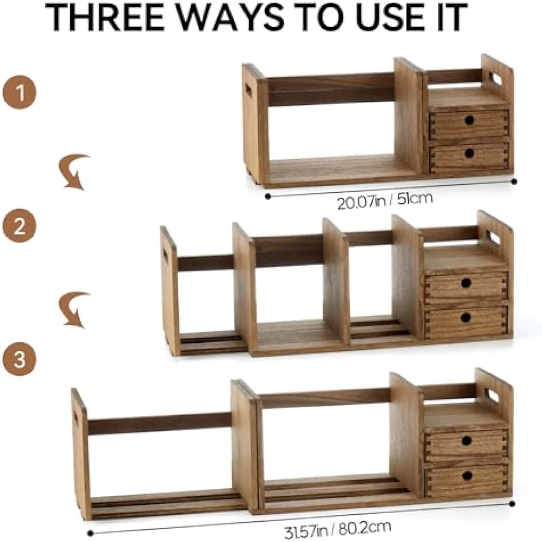 KIRIGEN Desktop Wooden Bookshelf, Expandable Book Organiser with 2 Drawers Desktop Bookcase Multifunction Storage Organizer Book Display Rack Home Office Tidy Organiser Wood Kids Bookshelf(LSJ-DBR)
