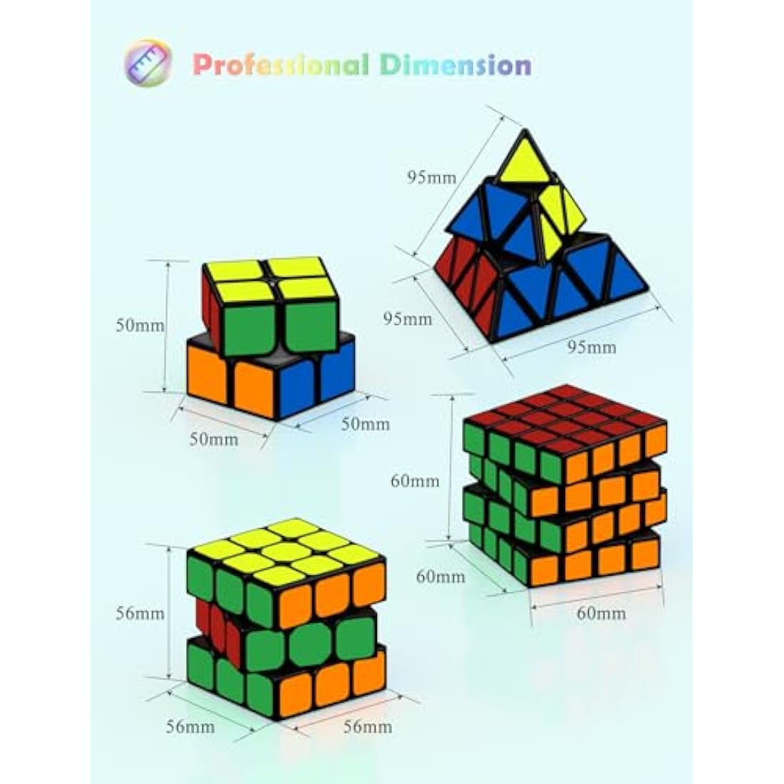 ROXENDA Speed Cube Set, 2X2 3X3 4X4 Pyramid Cube Original Fast with Instruction [4 Pack](Sticker Cube Set)