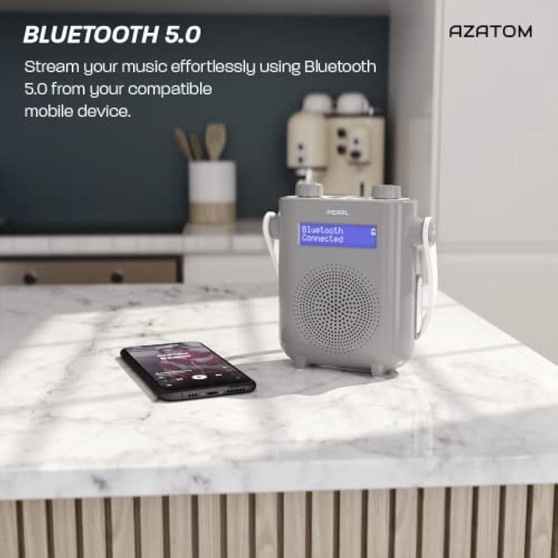 DAB/DAB+ & FM Digital Shower Radio | Bluetooth | IPX5 Waterproof Technology | Rechargeable Battery | Perfect for Home, Bathroom or Outdoors | AZATOM Pearl (Grey)