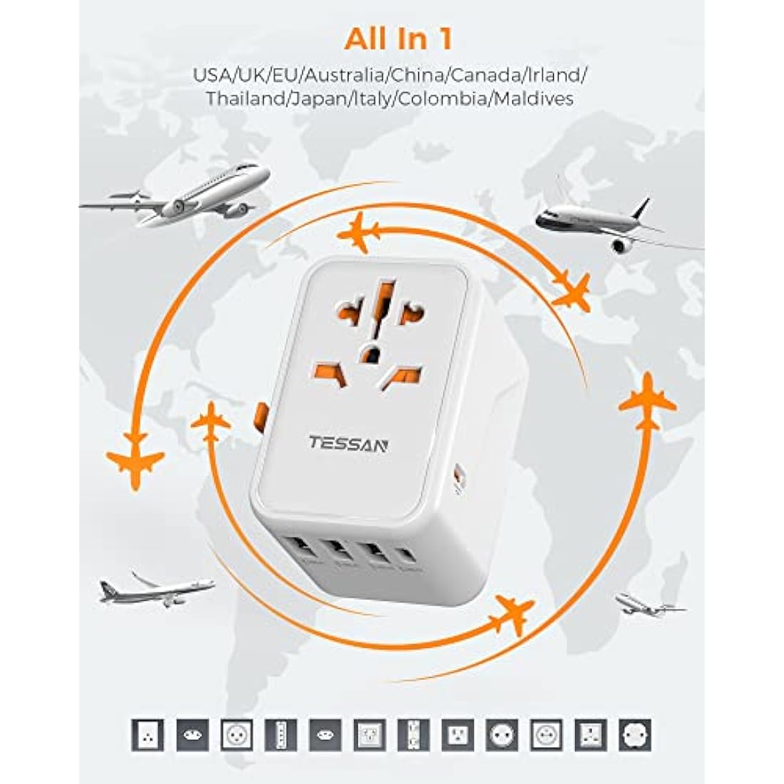 TESSAN Universal Travel Adapter Worldwide with PD 45W USB C Fast Charging, 6 in 1 Universal Plug Adaptor UK to World, International Travel Adapter for Multi Countries EU, USA, UK, AU, Thailand etc