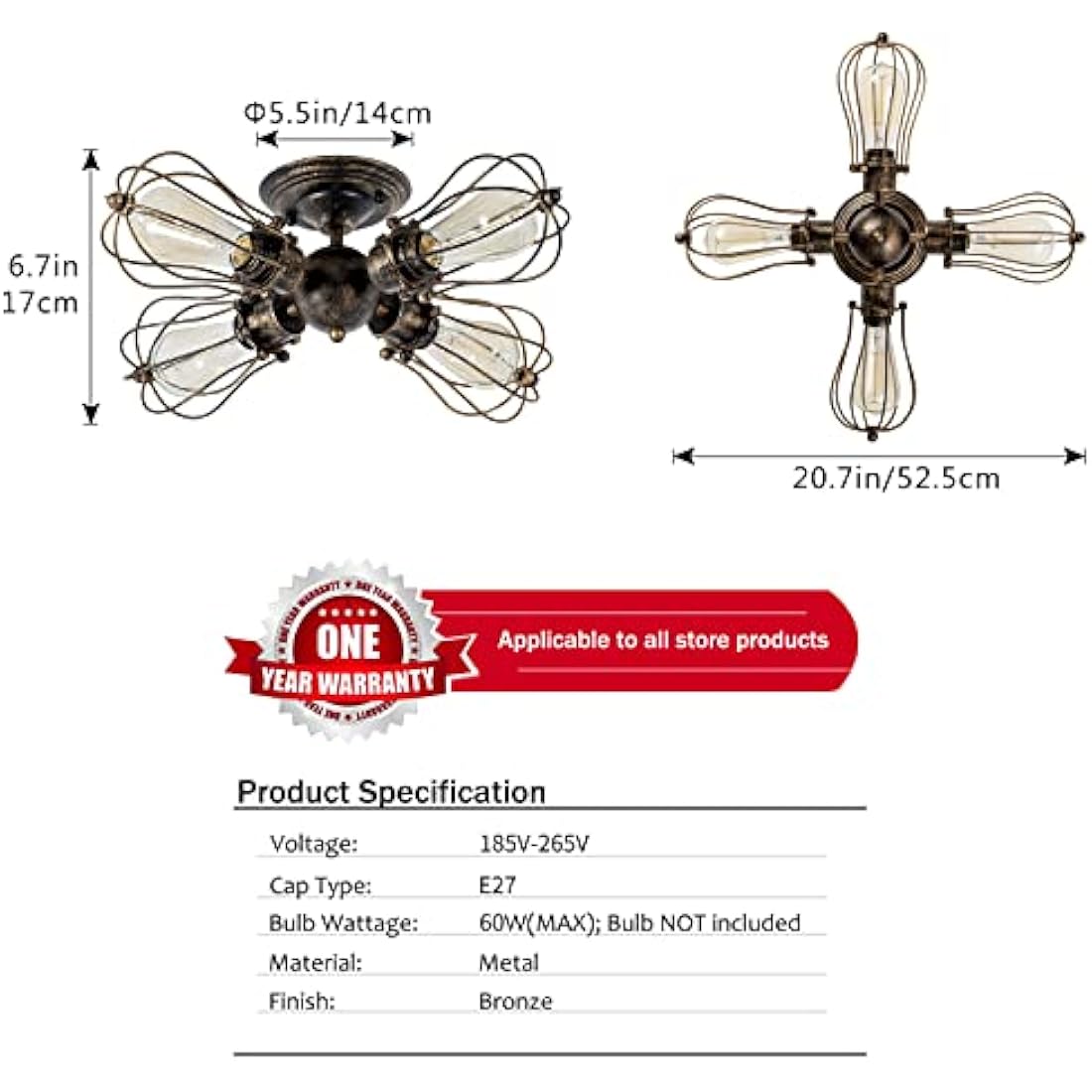 LULING Vintage Ceiling Light Industrial, Chandeliers E27 Socket Metal Wire Cage Lamp Semi-Flush Mount Rustic Ceiling Light Metal Lamp Fixtures (No Bulb) (with 4 Light) (Bronze)