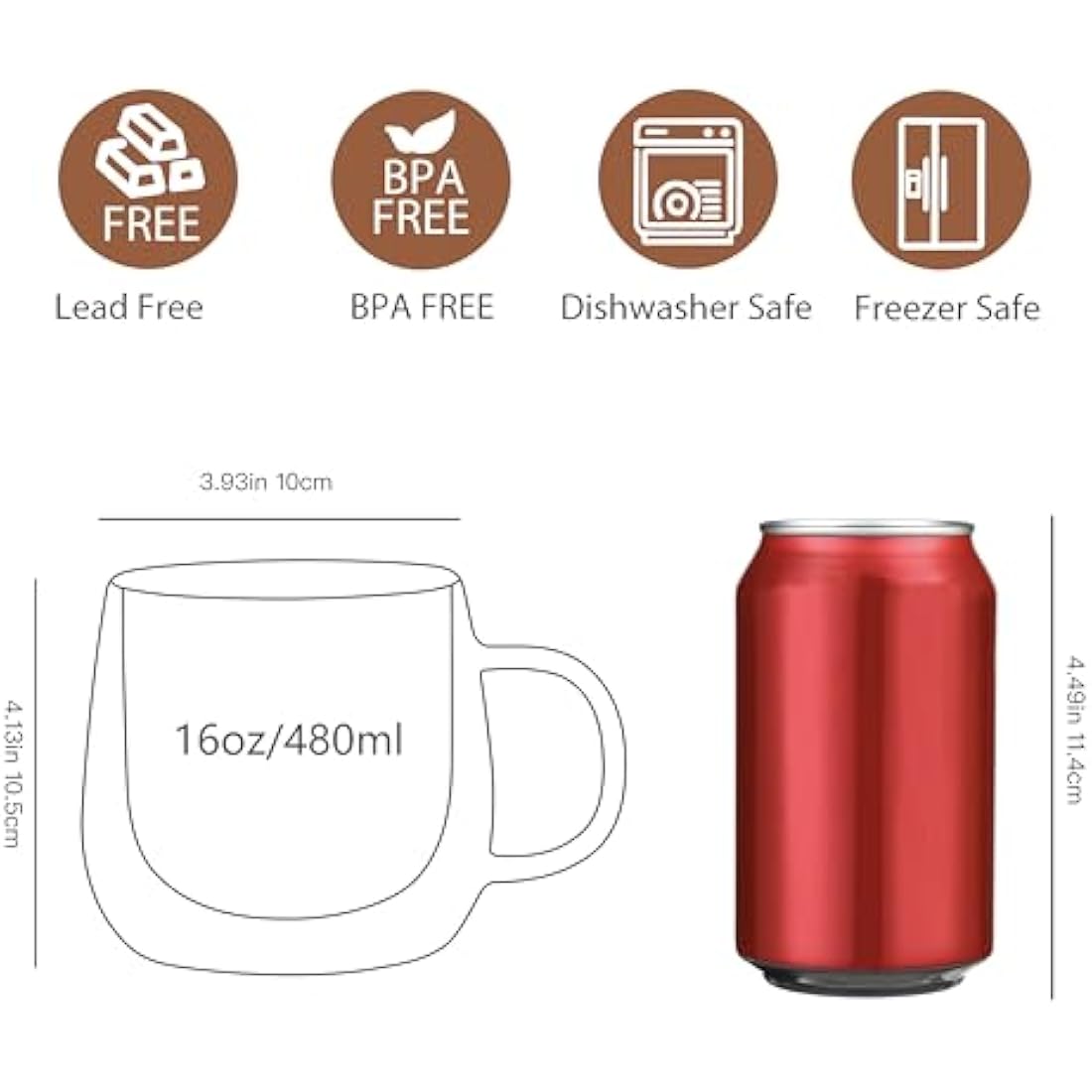 CNGLASS 480ml/16oz Double Walled Glass Coffee Mugs Set of 4,Large Clear Coffee Cups with Handle,Glass Cappuccino Mugs for Latte,Milk,Tea