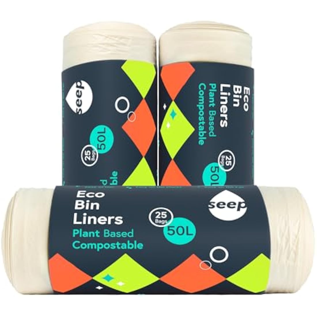 Seep Compostable 75 x 50 Litre Bin Bags - 50L Eco Friendly Bin Liners - Large Kitchen BinBags - 50L Biodegradable Clear Bags - | 3 Rolls