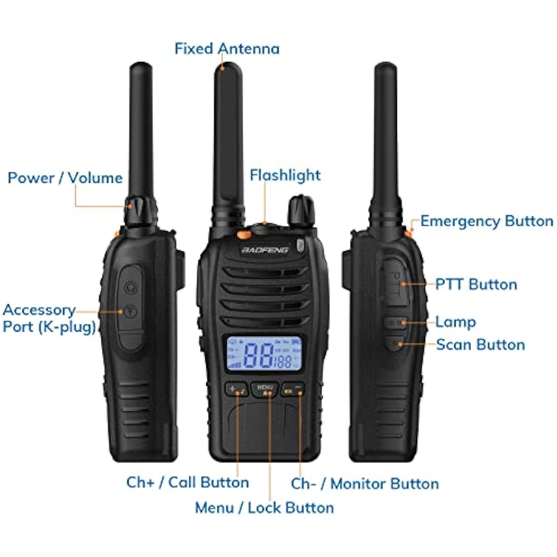 BAOFENG BF-88ST Pro PMR446 Walkie Talkie, Upgraded Long Range Rechargeable License-Free Two Way Radios with LCD Display, VOX Dual Watch, Desktop Charger and Earpieces, 2 pack
