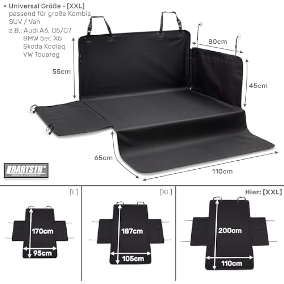 BARTSTR Car Boot Protector Dog 200 x 110 cm, Universal for Estate Boot Protective Mat, Water-Repellent and Bumper Protection, Plus Shoulder Bag