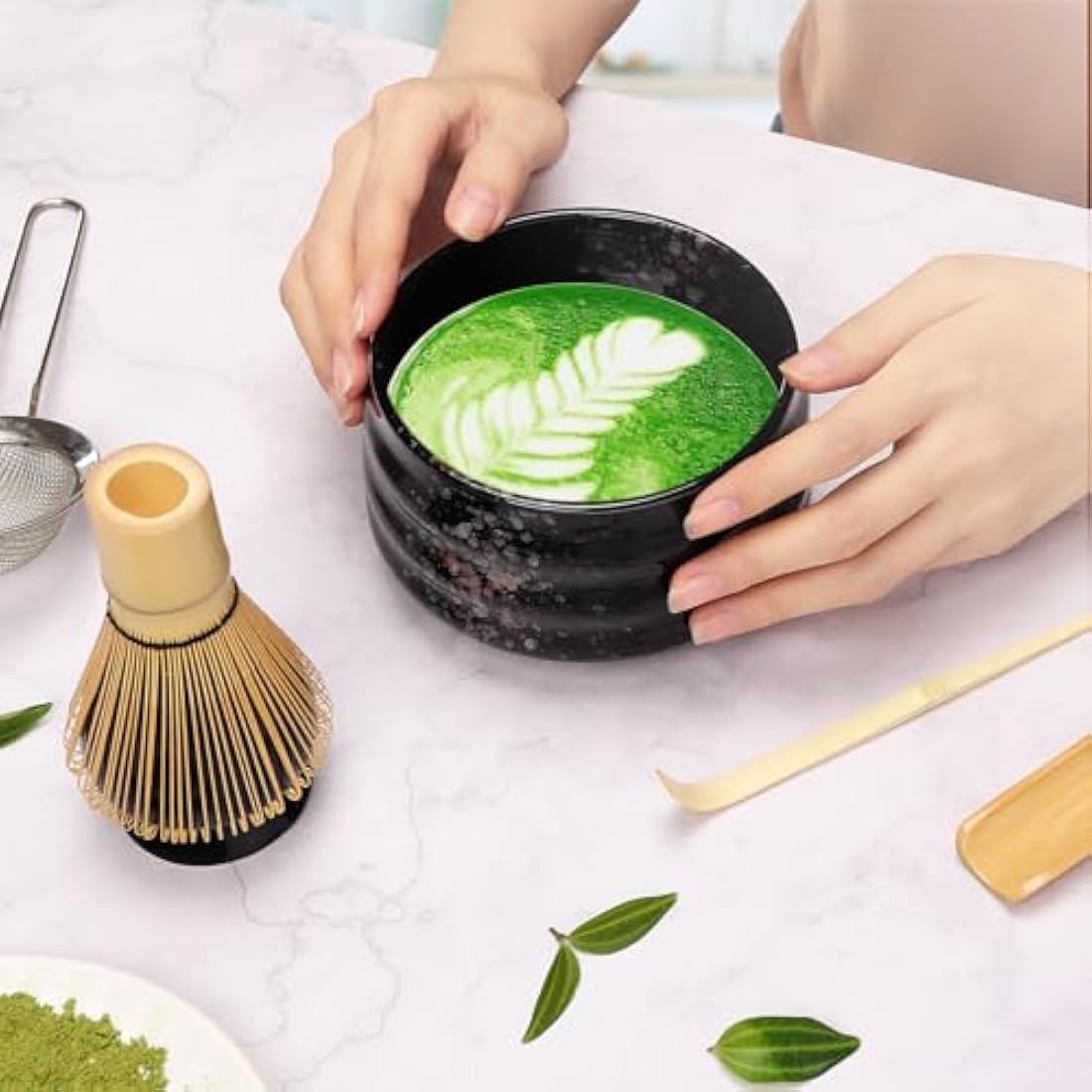 Geebuzz Matcha Whisk Set - Matcha Bowl and Bamboo Matcha Whisk, Scoop, Spoon, Sifter, Whisk Holder, 6pcs Perfect Matcha Starter Kit for Matcha Tea Ceremony (Black)