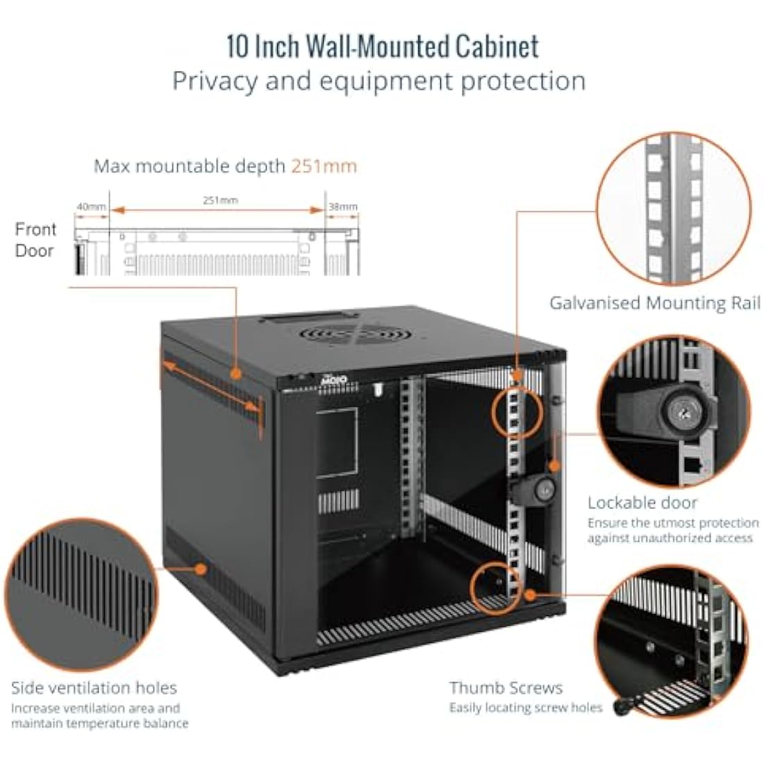 Tecmojo 6U Wall Mount Data Cabinet, 10in Wide 300mm Depth Network Cabinet with Rack Shelf, Brush Panels, Cable Organizer for 10'' AV/IT/Data Devices, 44lbs(20kg) Capacity, Glass Door