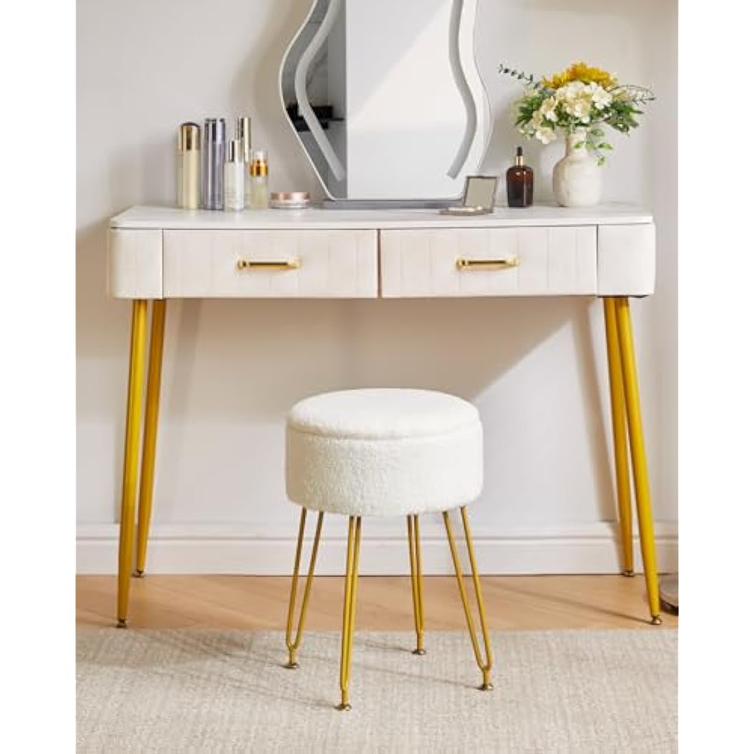 IBUYKE Teddy Velvet Storage Footrest Stool Ottoman, Makeup Vanity Stool Side Table with Removable Cover, Golden Steel Legs, Coffee Table Top Cover, White WBD010W