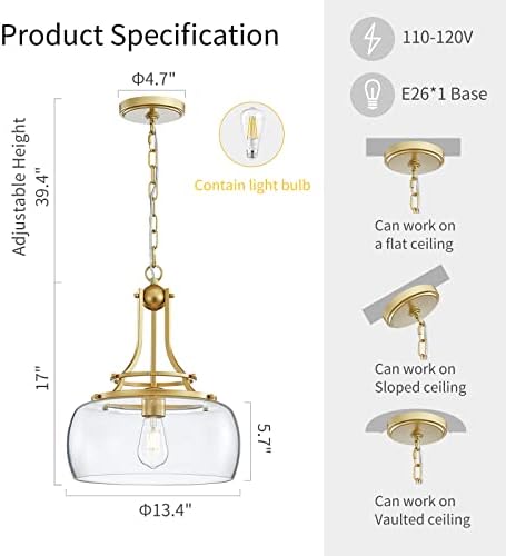WUZUPS Chandelier Rustic Farmhouse Industrial Round Ceiling Pendant LED Light Fixture with Clear Glass Shades for Dining Room Kitchen Island Foyer Entryway, H 43 x W 34, E27 Base, Gold