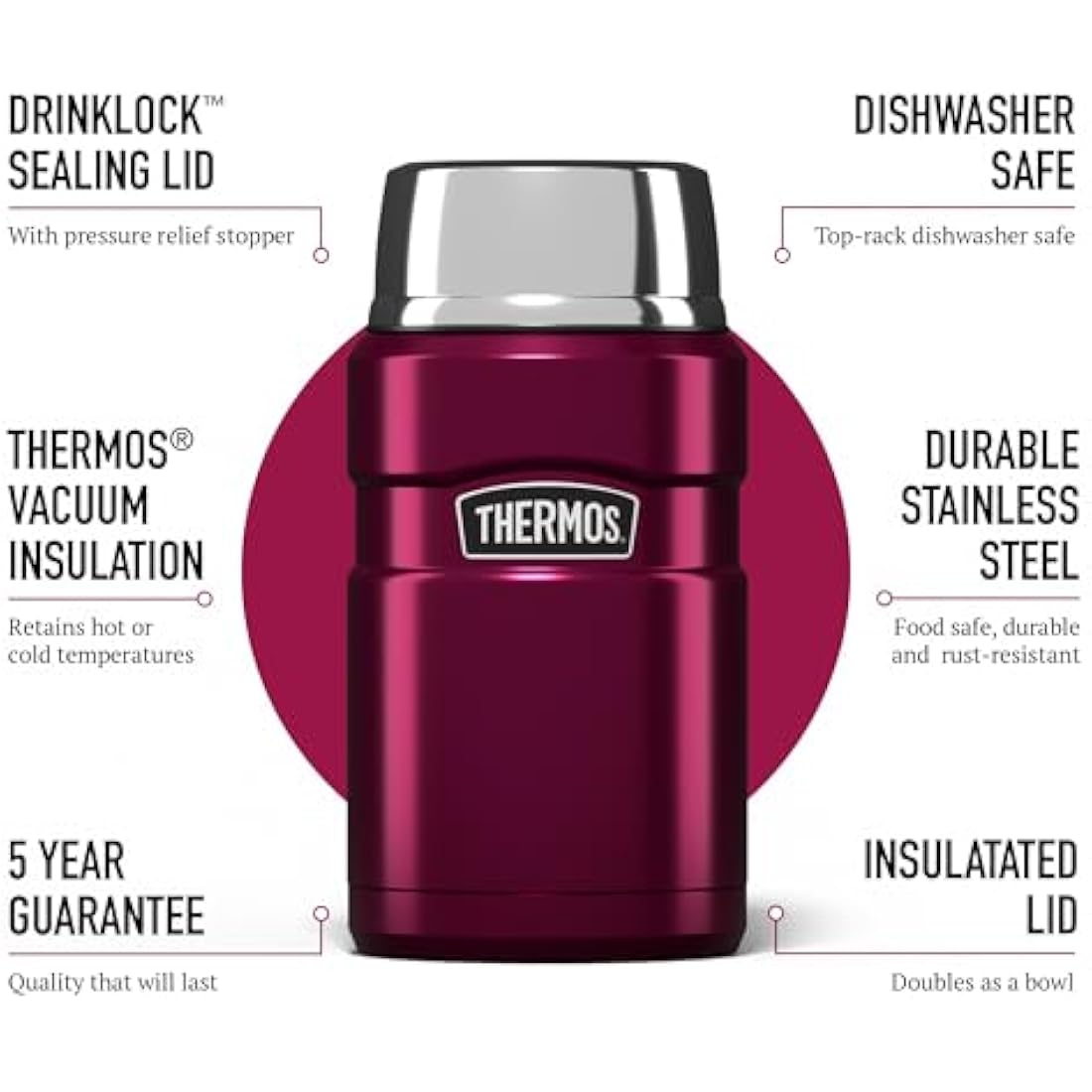 Thermos Stainless King Food Flask, 710ml Capacity - Sleek Multi- Purpose Flask for Daily Food Prep - Durable Stainless Steel with Raspberry Finish - Ideal for On-The-Go Meals & Drinks