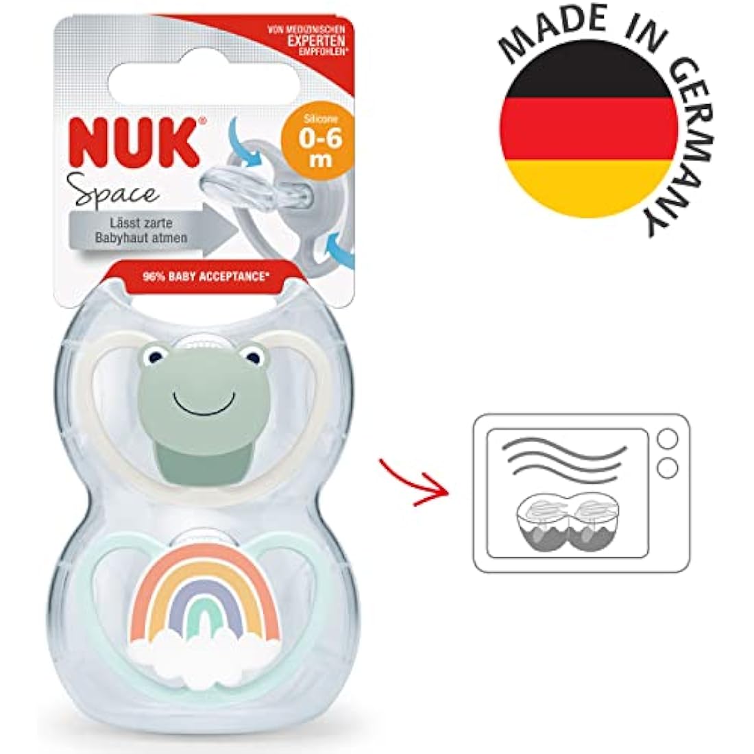 NUK Space Baby Dummy | 0-6 Months | Soothers with Extra Ventilation for Sensitive Skin for Sensitive Skin | BPA-Free Silicone | Frog | 2 Count