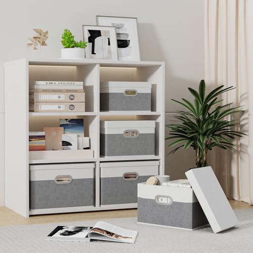 Yawinhe Large Storage Box with Lid 3 Pack, Collapsible Cubes Baskets, for Cupboards, Wardrobe, Shelves, 44x30x30cm, White/Grey, SNK023WGX-3