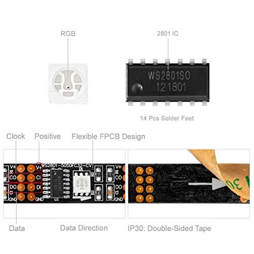 BTF-LIGHTING Individually Addressable WS2801 Light LED Strip 5050 SMD RGB 32LEDs/m 4M 13.12ft 128LEDs IP30 Non-Waterproof Black PCB Pixel Light DC5V