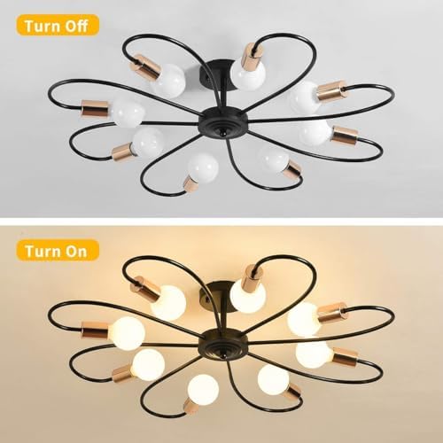 Qcyuui 8-Light Semi Flush Ceiling Light, Modern Sputnik Chandeliers Mid-Century Metal Pendant Lighting, Industrial Vintage Ceiling Lamp Fixture for Kitchen Dining Living Room Bedroom(Black&Gold)