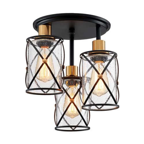 WUZUPS Chandelier Semi Flushmount Industrial 3-Light Ceiling Light Fixture Clear Seeded Glass Shade for Entryway Porch Foyer Kitchen Dining Room