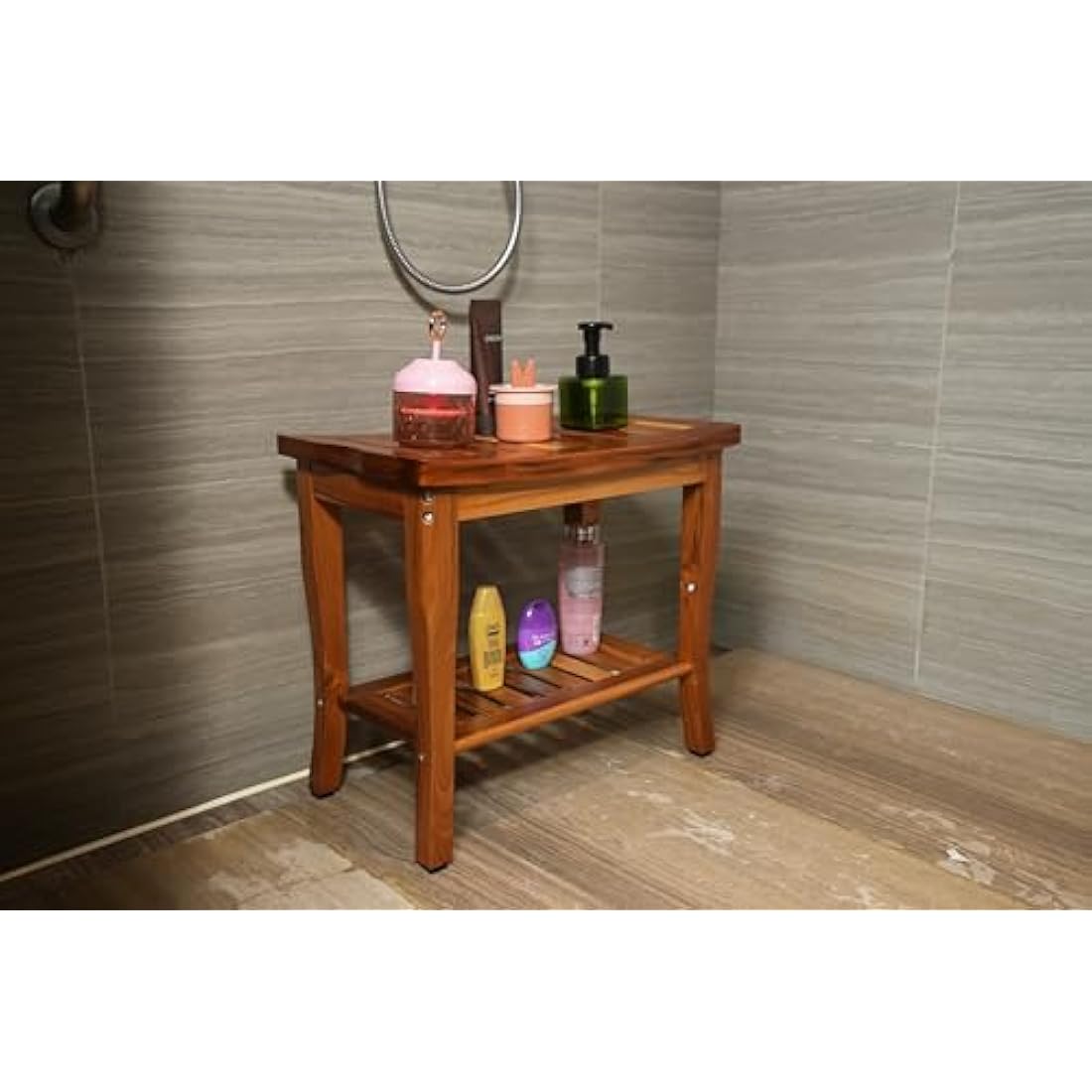 VaeFae Teak Shower Bench, Spa Bath Shower Stool with Storage Shelf, Wooden Seat Stool for Bathroom