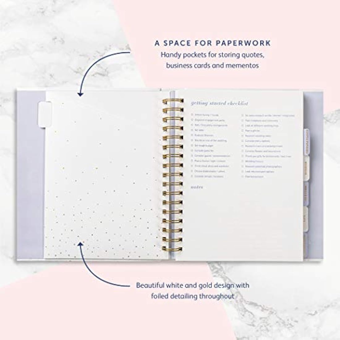 Busy B Wedding Planner - Beautiful white & gold spiral-bound wedding organiser with 6 tabbed sections and storage pockets. Perfect engagement gift.