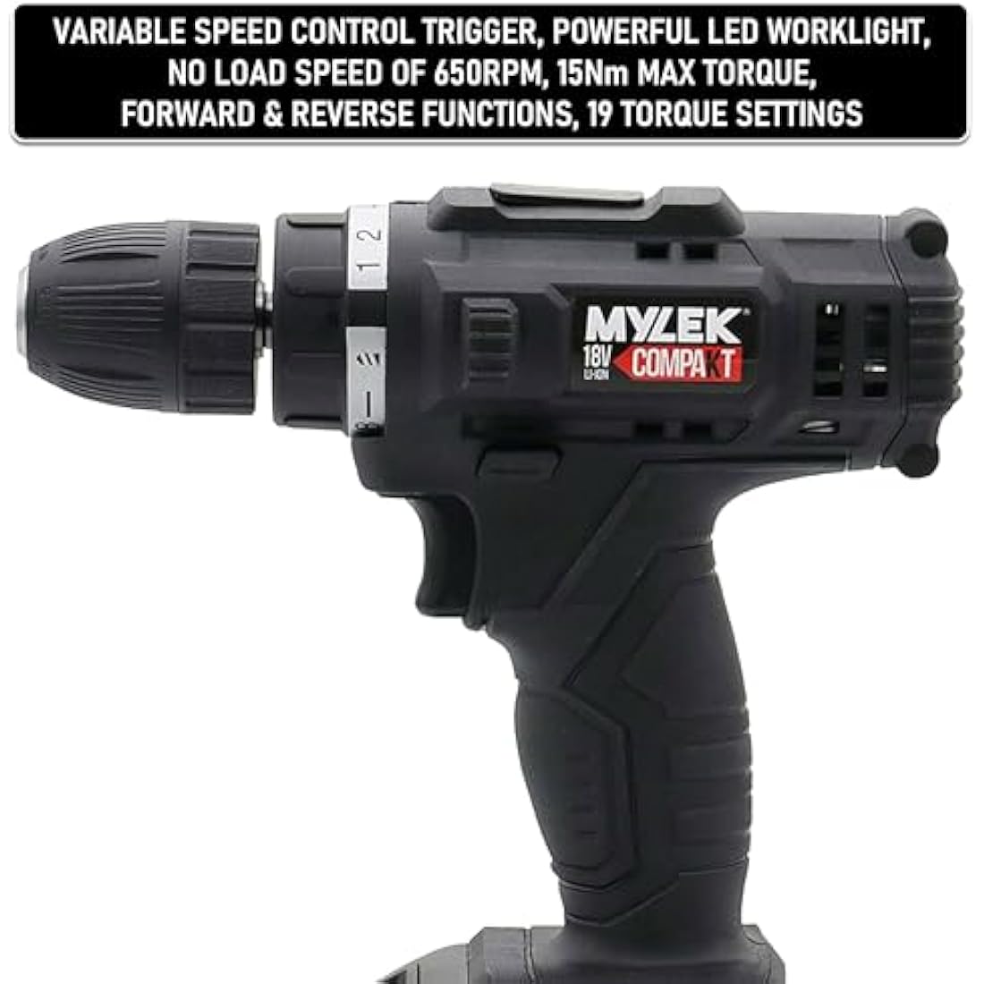 MYLEK MYW09 18V Cordless Drill Electric Screwdriver Set, Powerful Lithium Ion Battery Pack, 18 Volts Combi Driver, DIY Accessory Kit, Black