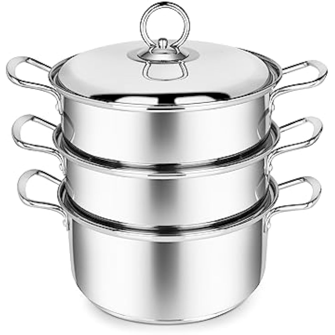Penguin Home 3 Tier Stainless Steel Food Steamer Pan Set, Induction Safe Stainless Steel Lid with Knob, Sturdy Steel Handles, Kitchen Pan Steamer Set for Cooking, (20 Cm) Silver