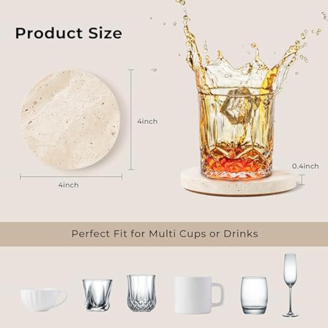 WORHE Marble Coaster for Drinks 4" Diameter Set of 4 Round Travertine Coasters for Home Decor Office Parties Birthday Housewarming Gift, Protect Countertops from Dirty,Sturdy and Tough Beige BD140