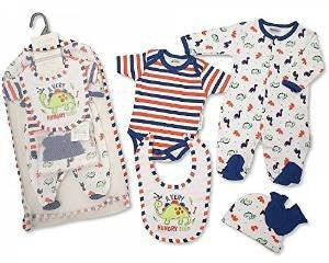 Brand New Baby Boys 5piece Gift Set Sleepsuit, Vest, Bib, Hat & Mitts Hungry Dinosaur 3 sizes (0-3mths)