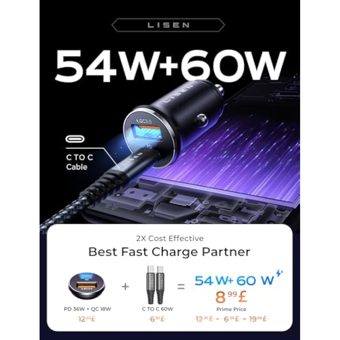 LISEN Car Charger Adapter USB C 54W 12V USB Socket [USBC 36W+QC18W] 60W USB C Cable PD3.0 Car Phone Charger Cigarette Lighter USB Charger for iPhone 16 Pro Samsung S25 Ultra Camping Car Accessories