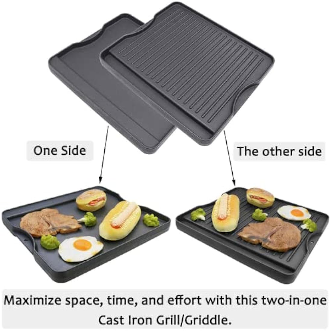 Denmay Cast Iron Griddle, 34 x 40 CM, Double-Sided Reversible Grill/Griddle Combo, Heavy Duty, Black, Rectangular, Griddle Plate for Campchef stoves