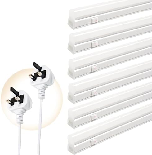 Qsmile LED Batten Lights with UK Plug, 6-Pack 4FT 18W 2200lm Garage Lighting, T5 4000K Workshop Lighting, Connect Up to 6 LED Tube Lights, Office Lighting with On/Off Switch, Light Fixture