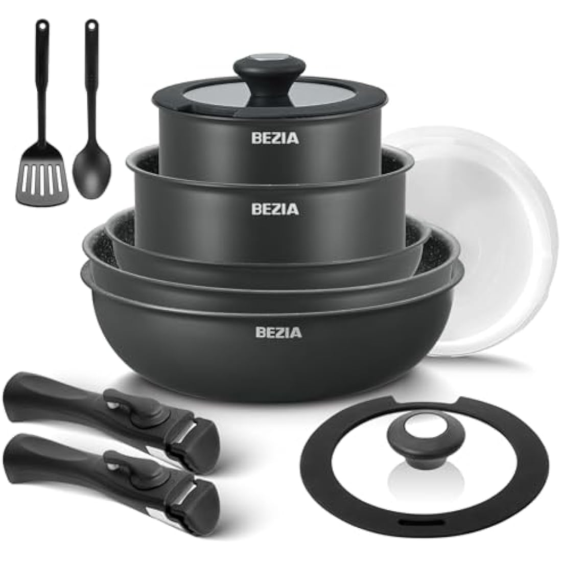 BEZIA Induction Hob Pans Set 13 Pieces, Non Stick Pots and Pans Set with Detachable Handles, Nonstick Kitchen Cookware Sets with Removable Handle, Stackable RV Frying Pans for Campers, Oven Safe