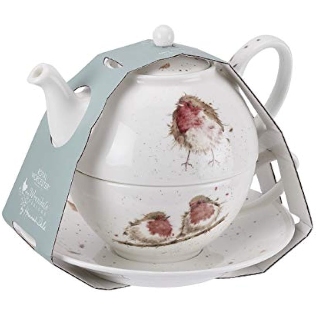 Portmeirion Home & Gifts Wrendale Tea for One with Saucer (Robins), Bone China, Multi Coloured, 16.5 x 16.5 x 15 cm