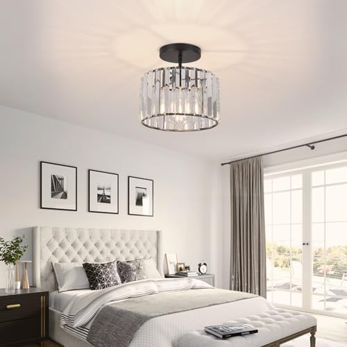 ZYDTRIP Crystal Ceiling Light Fixture Semi Flush Mount Ceiling Lamp Modern Black Crystal Chandelier for Living Room Hallway Dining Room Kitchen