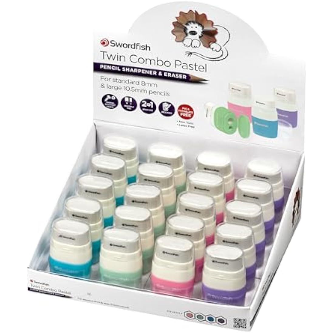 Swordfish ‘Twin Combo’ Pastel Double-Hole Pencil Sharpener and Eraser [Pack of 20] Assorted Colours [40380]