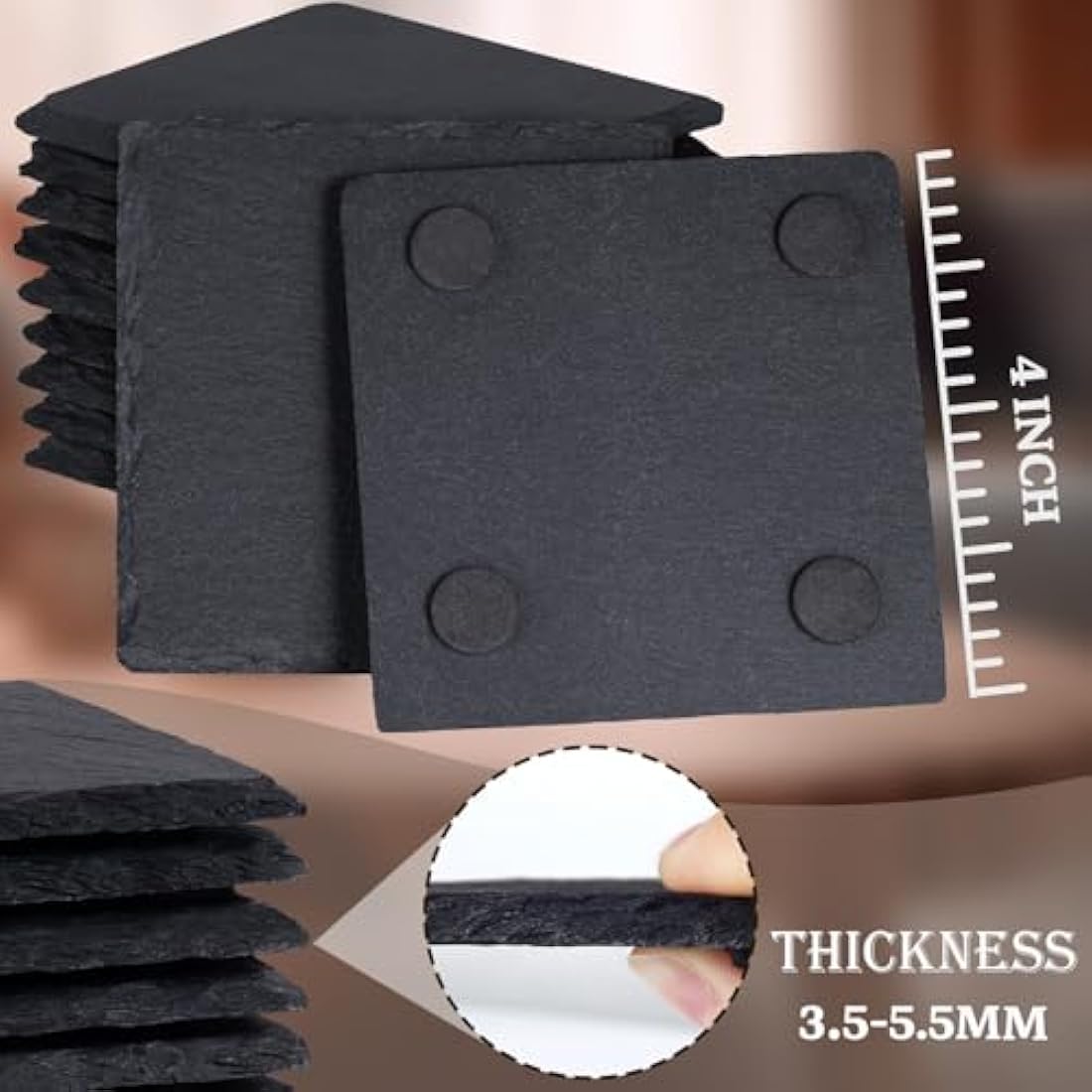 48 Pieces Slate Drink Coasters, GOH DODD 4 Inch Black Coasters Stone Coaster Set, Laser Engraving Blanks with Anti-Scratch Bottom for Home Office Kitchen Housewarming Gifts Wedding Party, Square