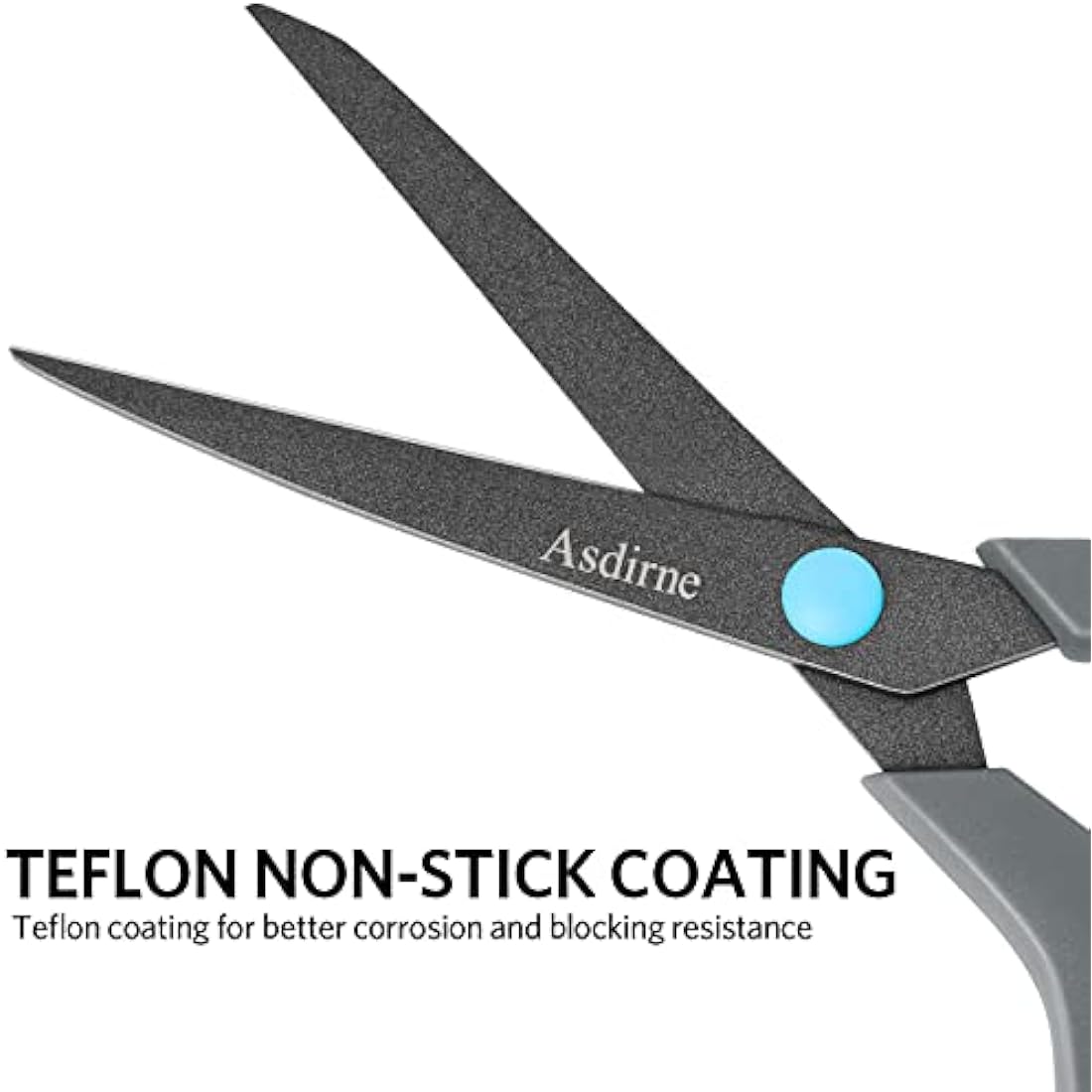 Asdirne Teflon Coating Scissors Set of 4, Non-Stick Scissors All Purpose, Premium Stainless Steel Razor Blades, Ergonomic Semi-Soft Rubber Grip, 10/''/8.5/''/6/''/5/'', Blue&Gray
