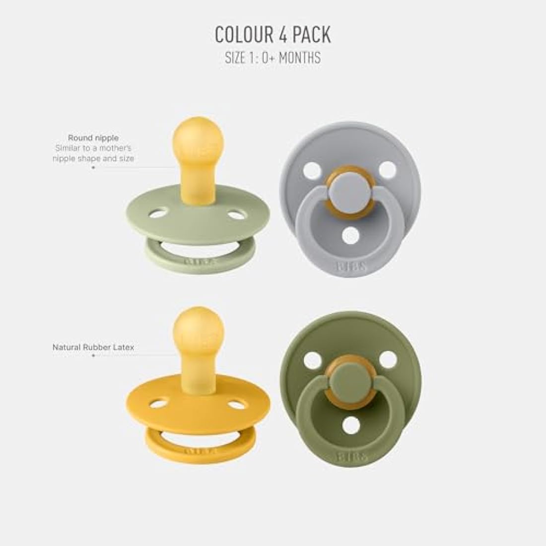 BIBS Colour Soother 4-Pack, BPA Free Dummy Pacifier, Round Nipple. Natural Rubber Latex, Made in Denmark. 0-6 Months (Pack of 4), Green Garden Lush