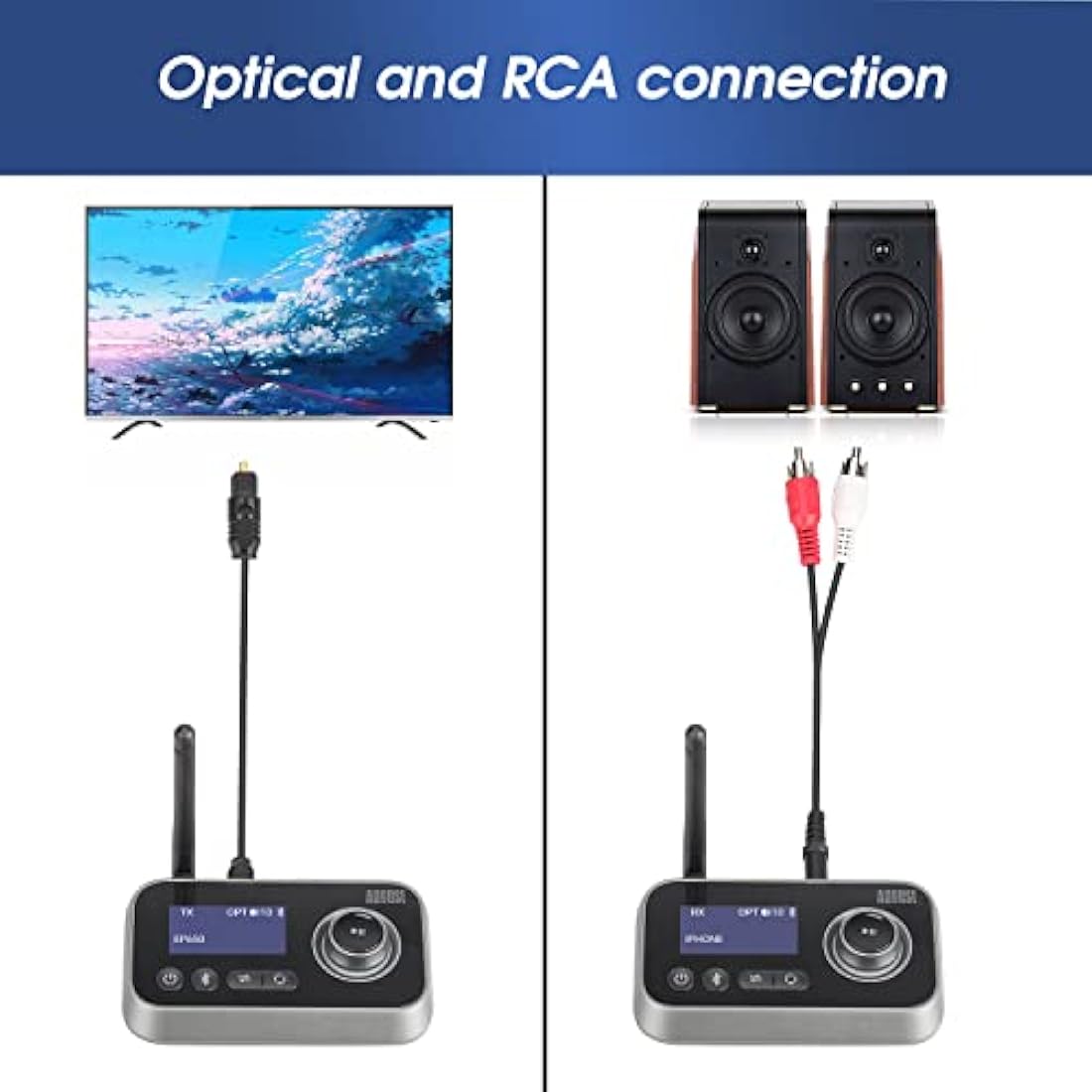 Bluetooth Transmitter Receiver 5.0 Hifi Adapter - August MR280 - Multipoint Wireless Audio Adaptor for TV, PC, Speakers, Headphones - AUX 3.5mm, Optical Audio and RCA Compatible - Black