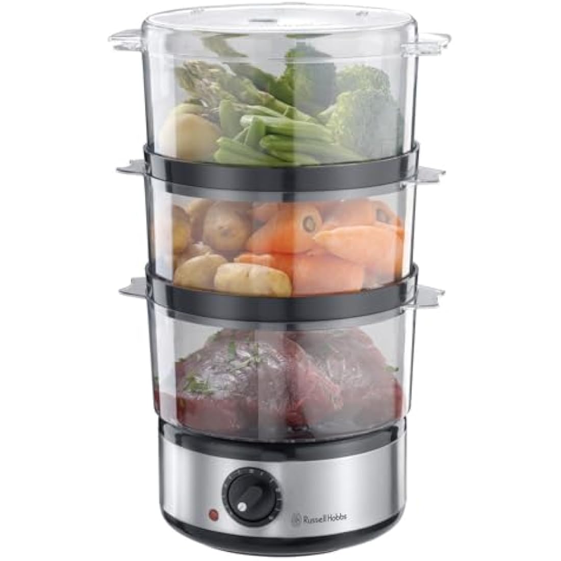 Russell Hobbs 3 Tier Electric Food Steamer, 7L, Stackable baskets for easy storage, Dishwasher safe BPA free baskets, Rice bowl inc, 60 min timer, Healthy eating, Energy saving, 400W, 14453