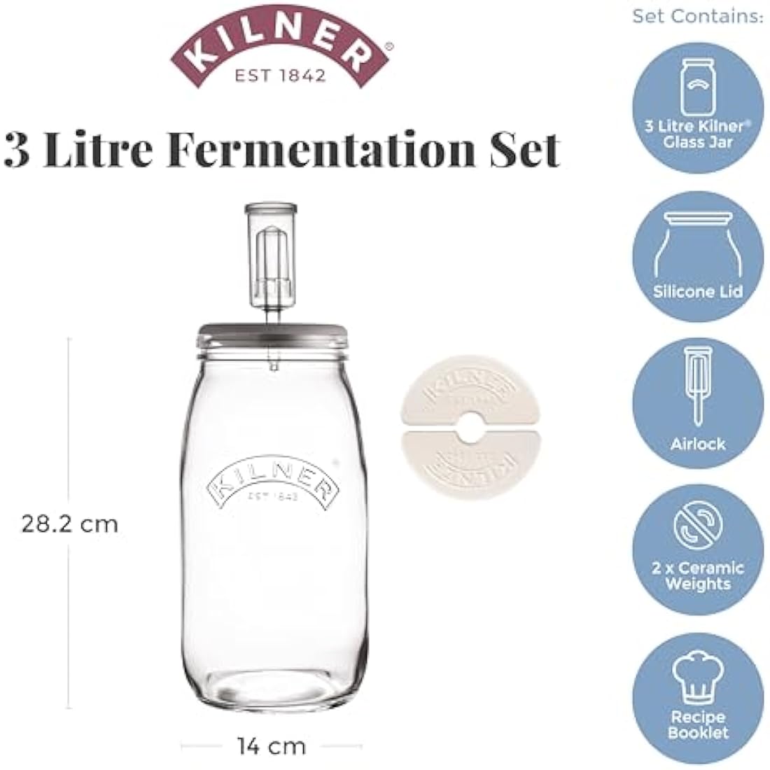 Kilner 3 Litre Fermentation Set Airtight Glass Jar with Silicone Lid, Air Lock, Ceramic Weights & Recipe, Booklet Ideal for Sauerkraut, Kimchi & Pickles