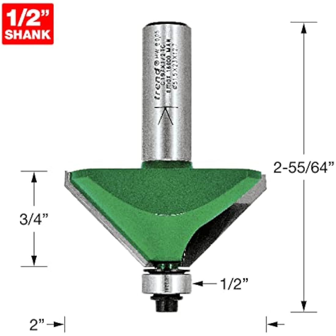 Trend CraftPro Chamfer Router Cutter Bit, 1/2 Inch Shank, 51mm Cut Diameter & 45 Degree V Groove, Tungsten Carbide Tipped, C197X1/2TC, Silver