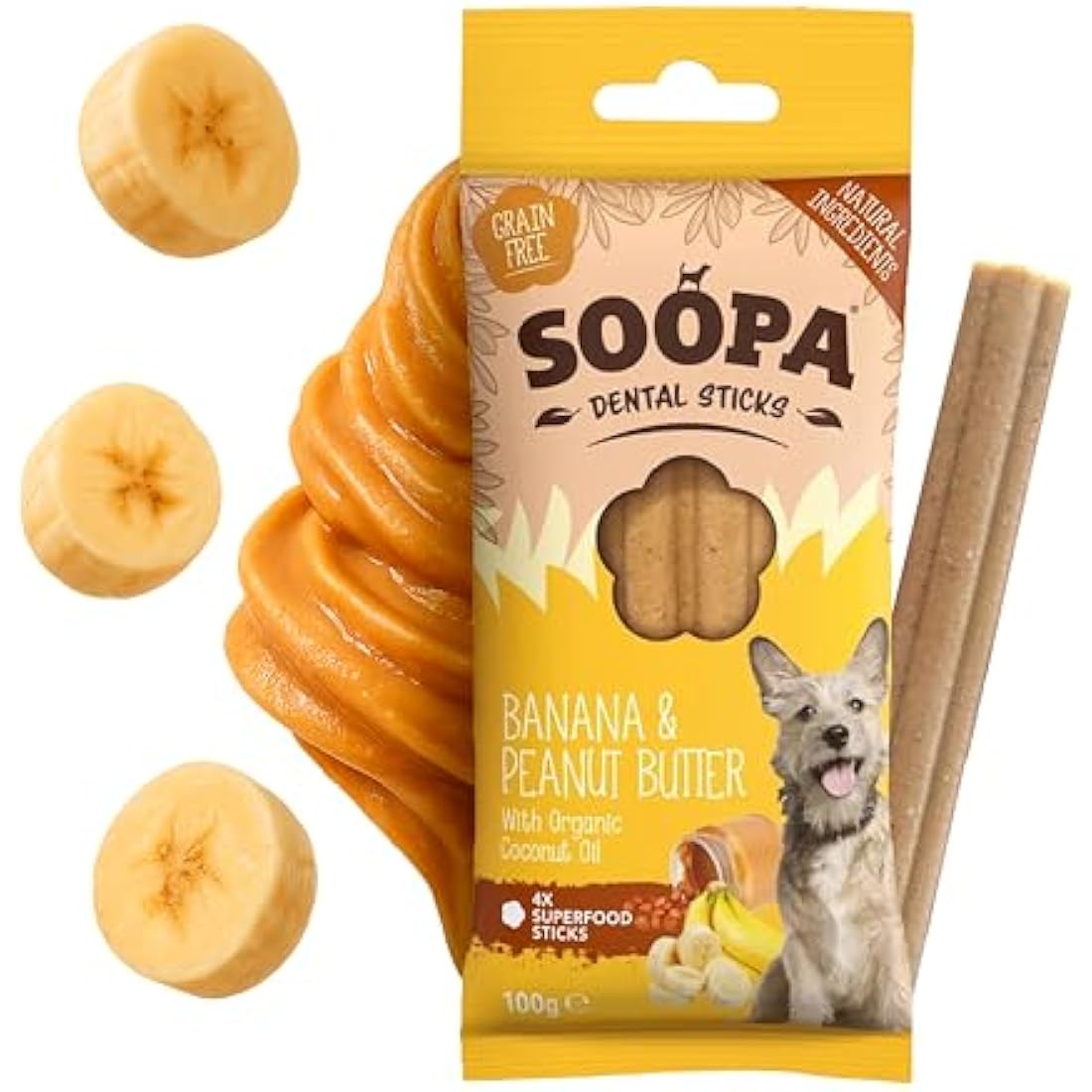 Soopa Grain Free Banana and Peanut Butter Dental Dog Treats, 4 Sticks