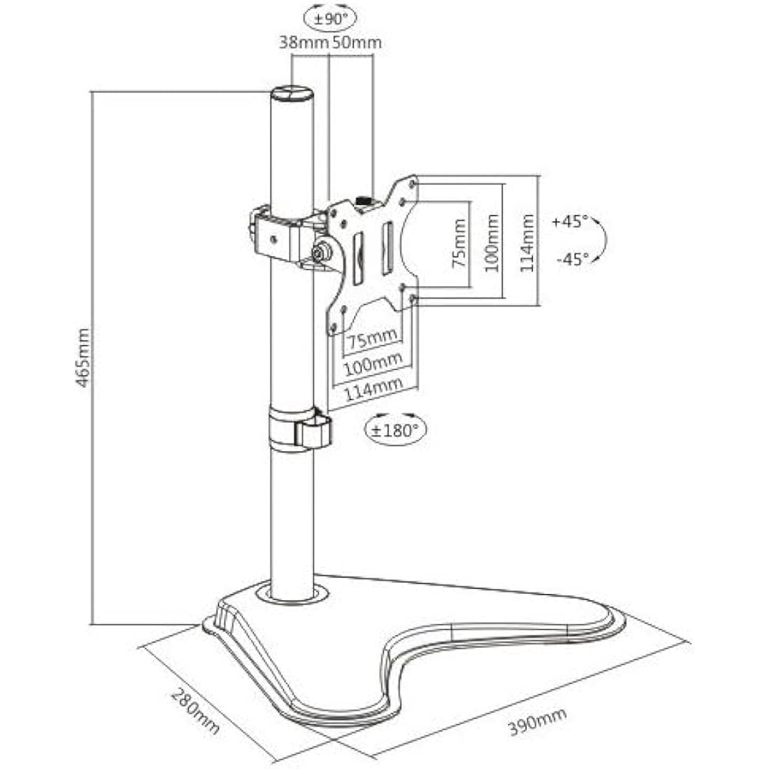 ProperAV Desk Monitor Mount with Free Standing Base 17" 19" 21" 22" 23" 24" 27" 32" VESA Max 100x100 Height Max 465mm