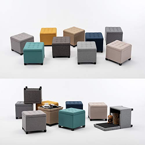 HNNHOME Pouffe Footstool Ottoman Storage Box, 45cm Cube Strong Wooden Frame Linen Living Room Foot stool, Toy Chest, Dressing Stool Seat Chair with