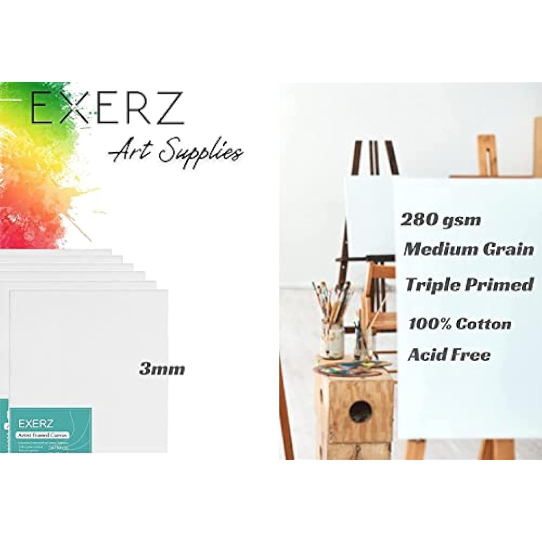 Exerz 50x60cm 4pcs Canvas Panels 3mm 280gsm Blank Artist Canvas Board/ 100% Cotton/Triple Primed/Acid Free/Medium Grain - Oil & Acrylic Painting (50x60cm-4pk)