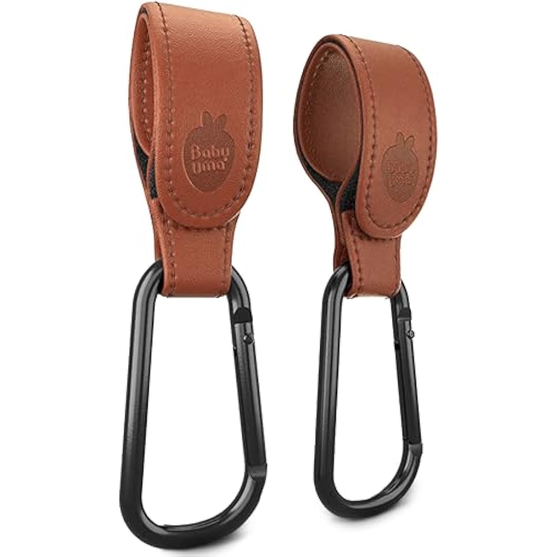 Baby Uma Leather-Style Buggy Clips (2 Pack) - Universal Pram Clips, Non-Slip Buggy Accessories, Carry 5 kg per Carabiner, Baby Travel Essentials (Camel)