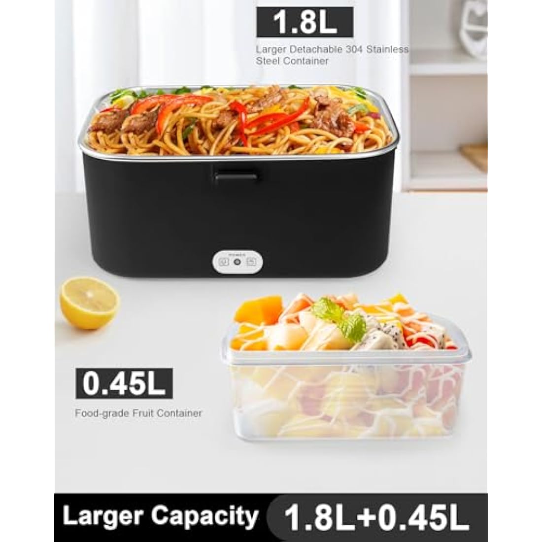 AUTOPkio Electric Lunch Box 1.8L 80W, 12V 24V 220V Upgraded Heated Lunchbox Large Heating Food Warmer with Carry Bag Fork Spoon for Car Truck Office (Black)