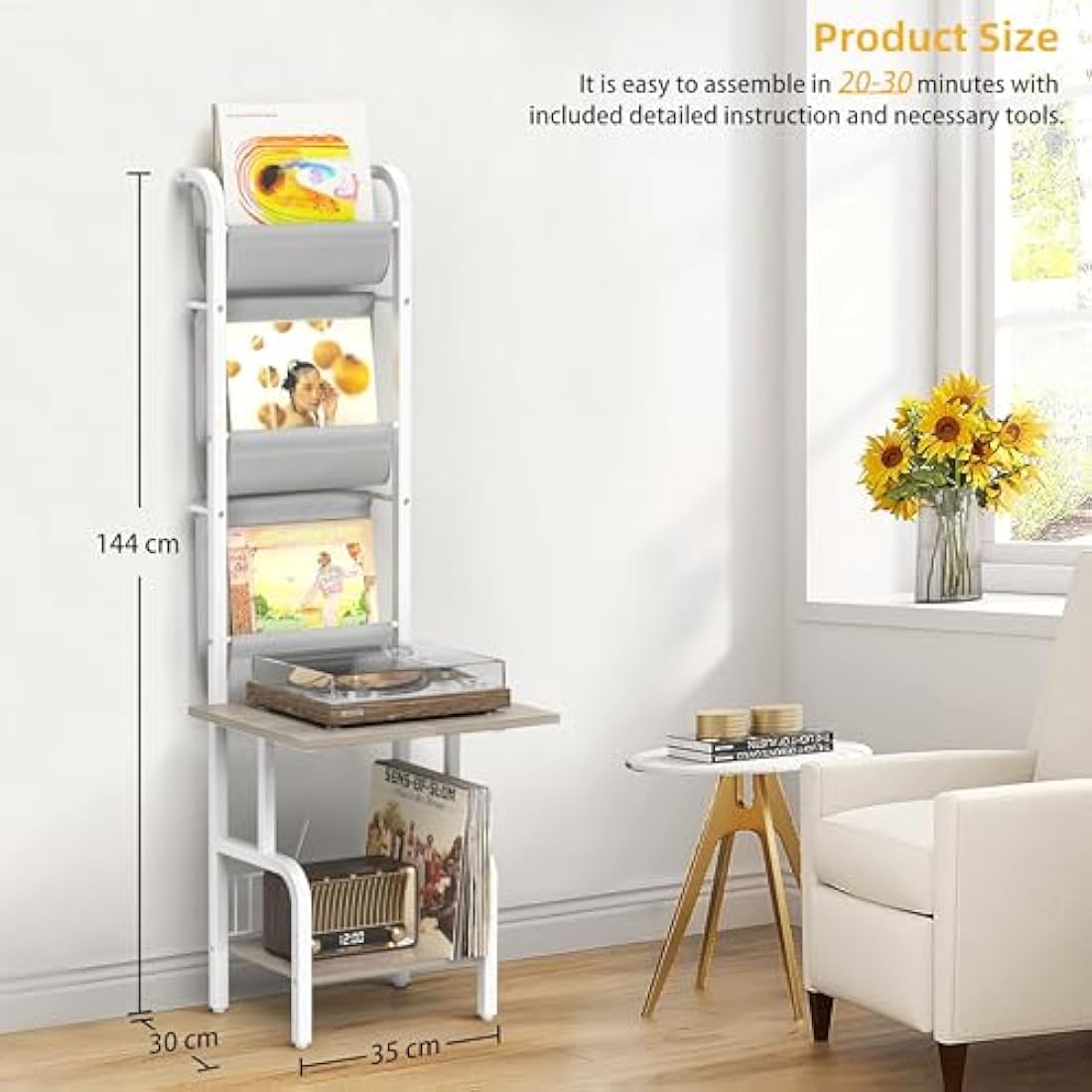 Bikoney Vinyl Record Storage with Player Stand, Turntable Stand and Display Shelf for Up to 200 Albums, Vinyl Record Holder Cabinet with Wall Mount for Living Room or Bedroom White