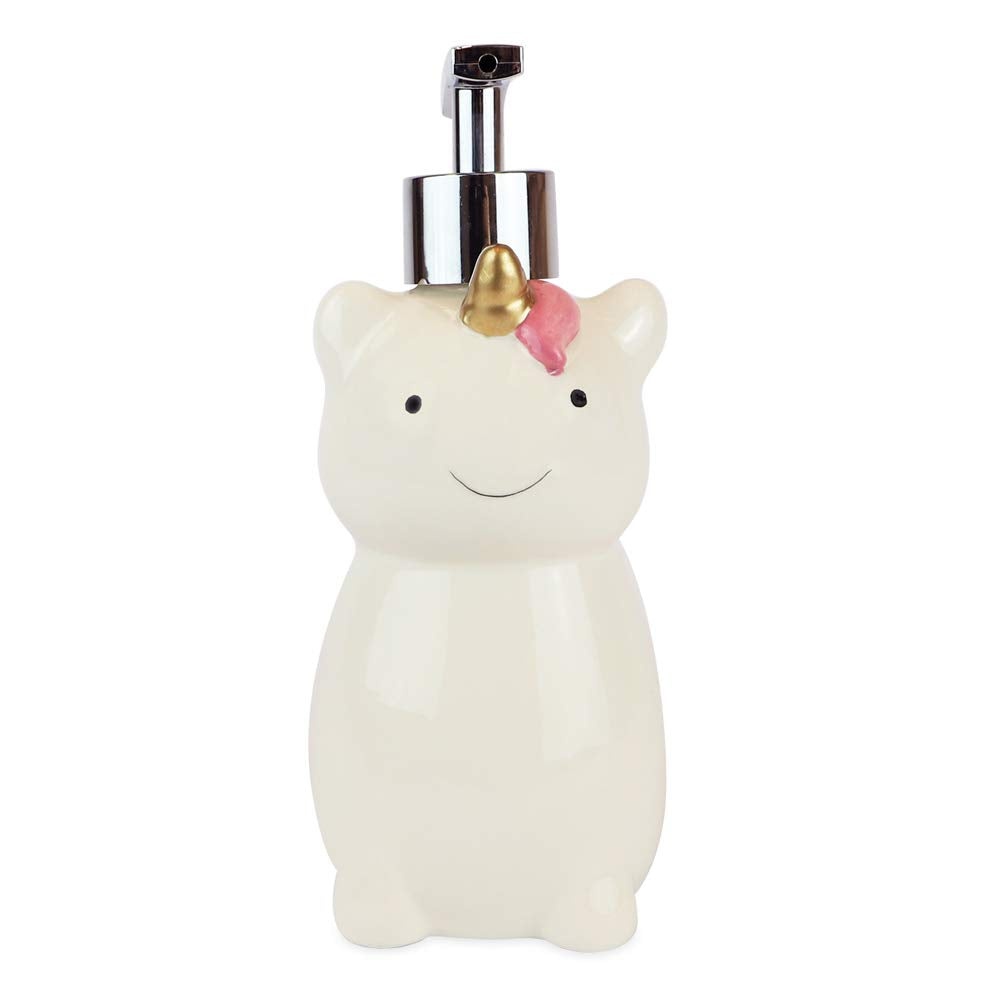 Isaac Jacobs White Ceramic Unicorn, Liquid Soap Pump/Lotion Dispenser with Chrome Metal Pump (Holds Up to 12 Oz) – Great for Bathroom
