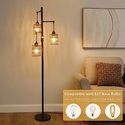 Rayofly Dimmable Rattan Floor Lamp, 3-Lights Boho Lamp with Stepless Dimmer, Industrial Lamps for Living Room, Tall Tree Shades, Farmhouse Standing Bedroom Black-3 Lights