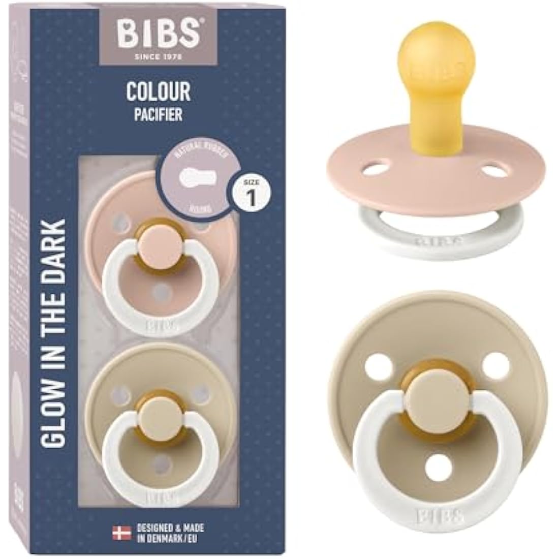 BIBS Colour Glow Soother 2-Pack, Glow in The Dark BPA Free Dummy Pacifier, Round Nipple. Natural Rubber Latex, Size 1 (0-6 Months), Blush Night/Vanilla Night