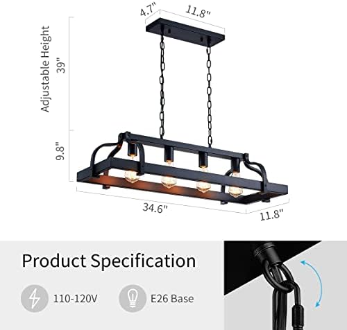 WUZUPS 4-Light Metal Pot Hanging Rack Chandelier Linear Pendant Ceiling Lighting Rustic Farmhouse Fixture Kitchen Island Dining Room, H25 x L88 x W30, E27 Base, Black